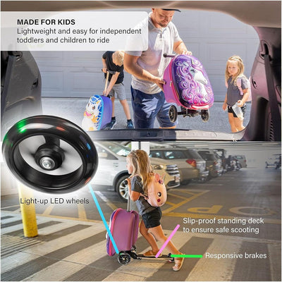 Mala de Rodinhas Patinete Infantil Kiddietotes Unicórnio - Grandes Rodas de Iluminação Led